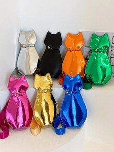 Glossy cat-shaped crossbody bags in seven vibrant metallic colors with wide straps
