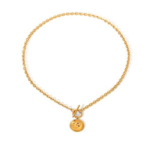 Collier en acier inoxydable doré avec fermoir OT et pendentif rond soleil