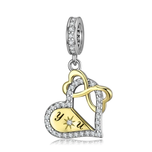 S925 sterling silver heart charm with gold plating and cubic zirconia for bracelets