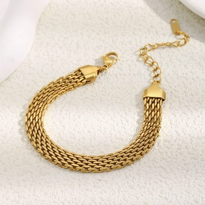 Minimalist 18K gold-plated stainless steel mesh band bracelet for women with adjustable chain
