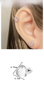 Detailed view of pink heart earring with zircon inlay and screw flat back design