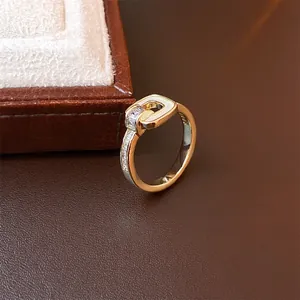 18K gold plated square zircon ring featuring a modern minimalist horsebit buckle design