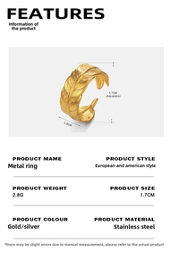 Detailed view of adjustable golden feather ring with 1.7cm inner diameter and 0.8cm width