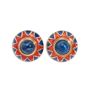 Vintage round resin floral earrings with blue gemstone and enamel patterns in gold frame
