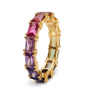 Macro view of 18K gold band featuring rectangle-cut multi-color rainbow cubic zirconia