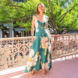 Detail of French vintage floral maxi dress featuring high waist and square neckline