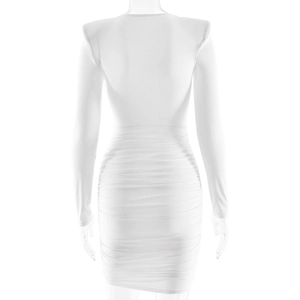 Detailed back view of white long sleeve bodycon dress featuring elegant ruched fabric