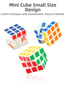 Detailed view of three 3x3 mini pocket cubes with smooth rotating mechanism and 3.4cm size