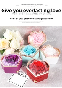 Heart-shaped preserved rose jewelry boxes in multiple colors with drawer and transparent lid