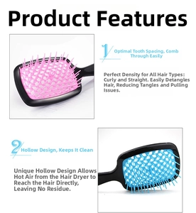 Detail view of the hollow pink and blue vented hairbrushes showing wide-tooth comb design