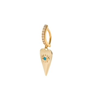 Bohemian gold navel piercing with heart pendant, evil eye design, and blue gemstone