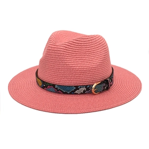 Straw Fedora Hat Sun Protection Summer Beach Travel Woven Jazz Style With Colorful Snake Pattern Band Gold Buckle