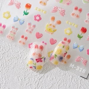 Niedliche geprägte Nagelkunst-Sticker mit Blumen und Hasen in weichen Macaron-Farben