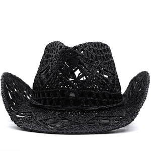 Classic hollowed-out black woven straw cowboy hat with stylish wide upturned brim