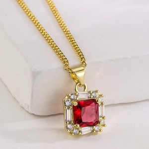 Retro 18K gold plated necklace with red zircon square pendant and crystal frame