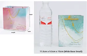 Detailed size comparison of pink gradient gift paper bags with gold lettering and rope handles