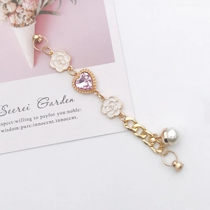 Golden bracelet with pink heart crystal and white enamel flowers for DIY phone case charm