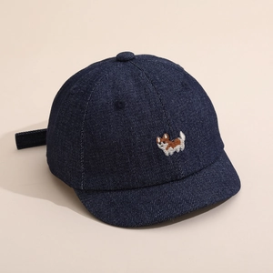 Casquette en denim bleu foncé pour enfants avec broderie de corgi et visière courte