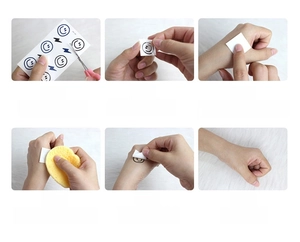 Step-by-step application guide for metallic fruit temporary tattoos with smile patterns