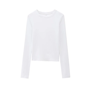 Detailed view of white modal long sleeve T-shirt with soft texture and crew neck
