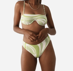 Detail of green and white wave pattern bikini set with gold chain necklace