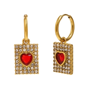 18K gold plated rectangle earrings with red heart and paved crystals on white background