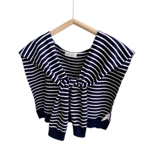 Knitted navy and white striped shawl wrap with elegant knot design for women
