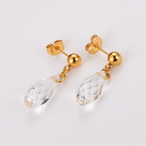 Elegant gold stainless steel stud earrings with multifaceted clear crystal waterdrop pendants