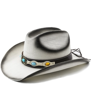 Western Cowboyhut mit Türkis-Lederband und schwarzem Farbverlauf am Rand auf weißem Grund