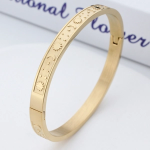 Golden sun moon and stars celestial stainless steel hinged bangle for women stylish jewelry