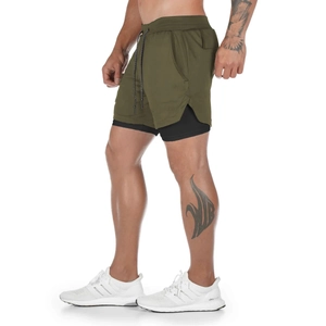 Olive green 2-in-1 men's sports shorts with black compression liner and drawstrings
