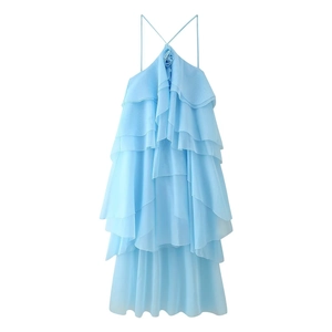 Light blue tiered chiffon halter dress with 3D floral accent and layered ruffles