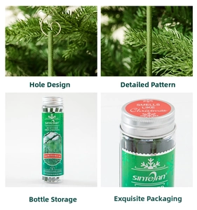 Macro detail of scented Christmas tree sticks with hooks in a glass bottle container