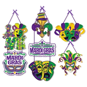 Mardi Gras Hanging Decorations Paper Door Sign Masquerade Carnival Party Supplies Purple Green Gold Jester Mask Wall Decor