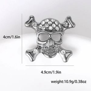 Silver vintage skull crossbones brooch with rhinestones and size dimensions shown