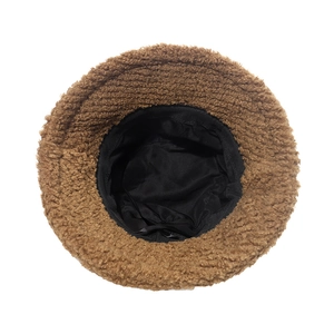 Detail view showing thick brown fleece texture and black lining of the warm bucket hat