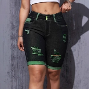 Damen Denim Bermuda Shorts Hohe Taille Zerrissen Kontrastfarbe Schwarz Grün Streetwear Mode Hosen