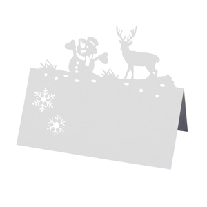 Detail of laser-cut Christmas snowman and reindeer table cards in elegant white paper