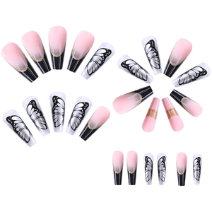 Long ballerina press-on nails with pink black gradient and silver butterfly wings