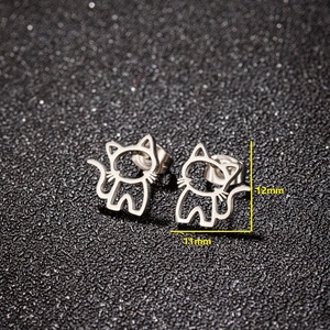 Cute cutout cat stud earrings in polished stainless steel, dimensions 11mm by 12mm