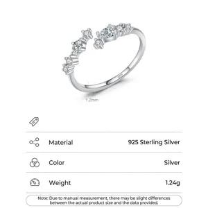 Anillo abierto minimalista de plata de ley S925 con circonitas en forma de gota