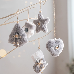 5-piece plush Christmas ornaments set with heart, star and sock shapes on branches
