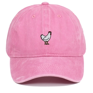 Detailed embroidery of white rooster on pink washed cotton vintage baseball cap
