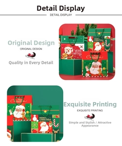 Close-up of Christmas gift bags featuring festive patterns and Merry Christmas text