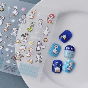 Detailed 5D embossed nail stickers featuring funny 3D cartoon ducks and ducks motifs