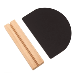 Detail view of semi-circular wooden mini chalkboard with a natural wood grooved base stand