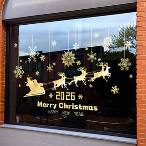 Golden Christmas reindeer window stickers with 2026 Merry Christmas holiday decals