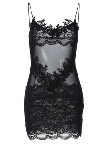 Robe courte sexy en dentelle noire avec patchwork en maille et bordures en dentelle