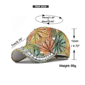 Detailed size chart of rhinestone baseball cap with colorful maple leaf print design