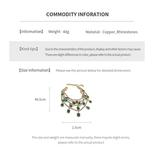 Infographic showing 48g copper necklace with green rhinestones and 46.5cm length details